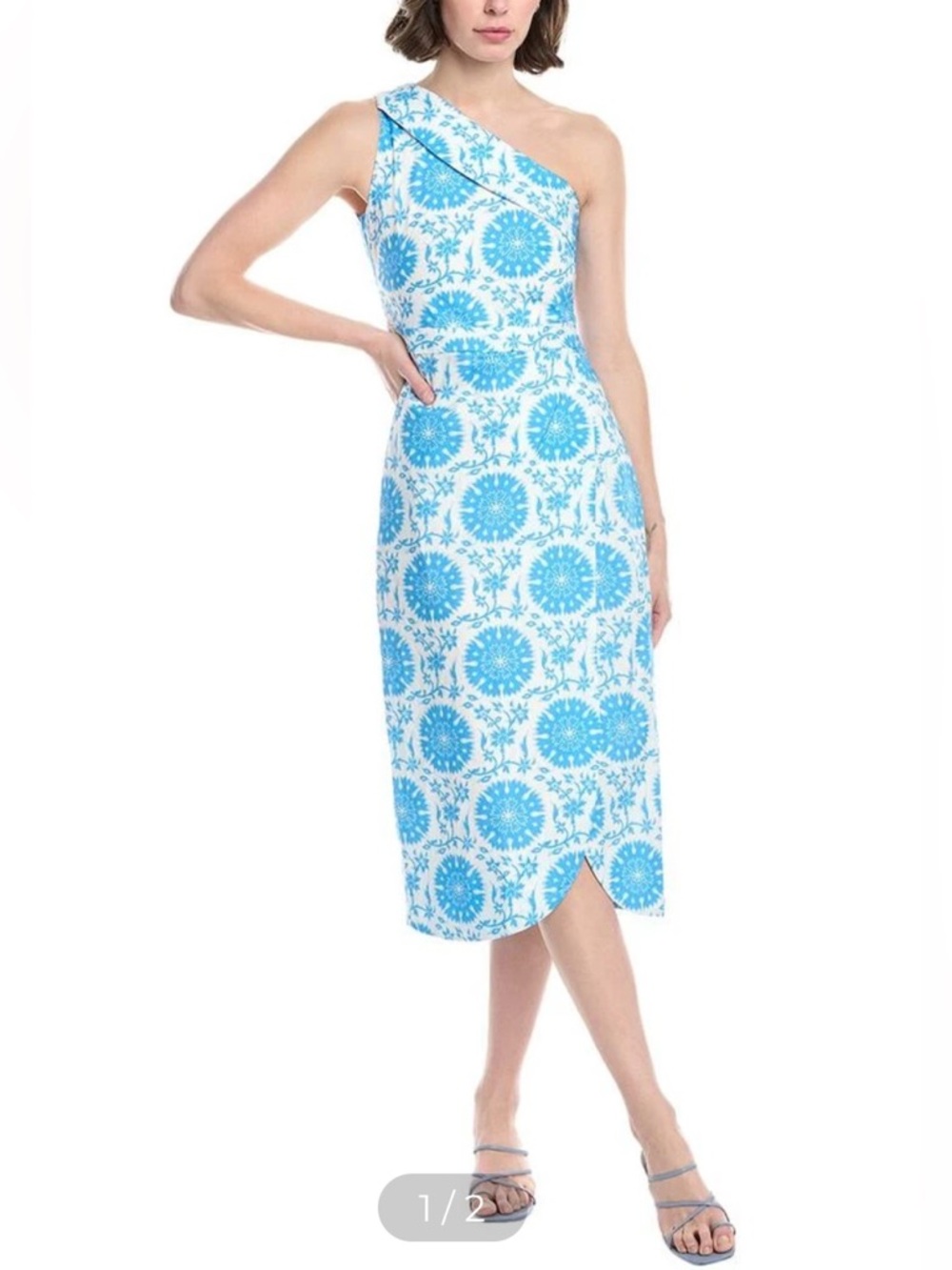 NWT Hermoza Charlotte One-Shoulder Blue & White Printed Midi Dress in Medallion